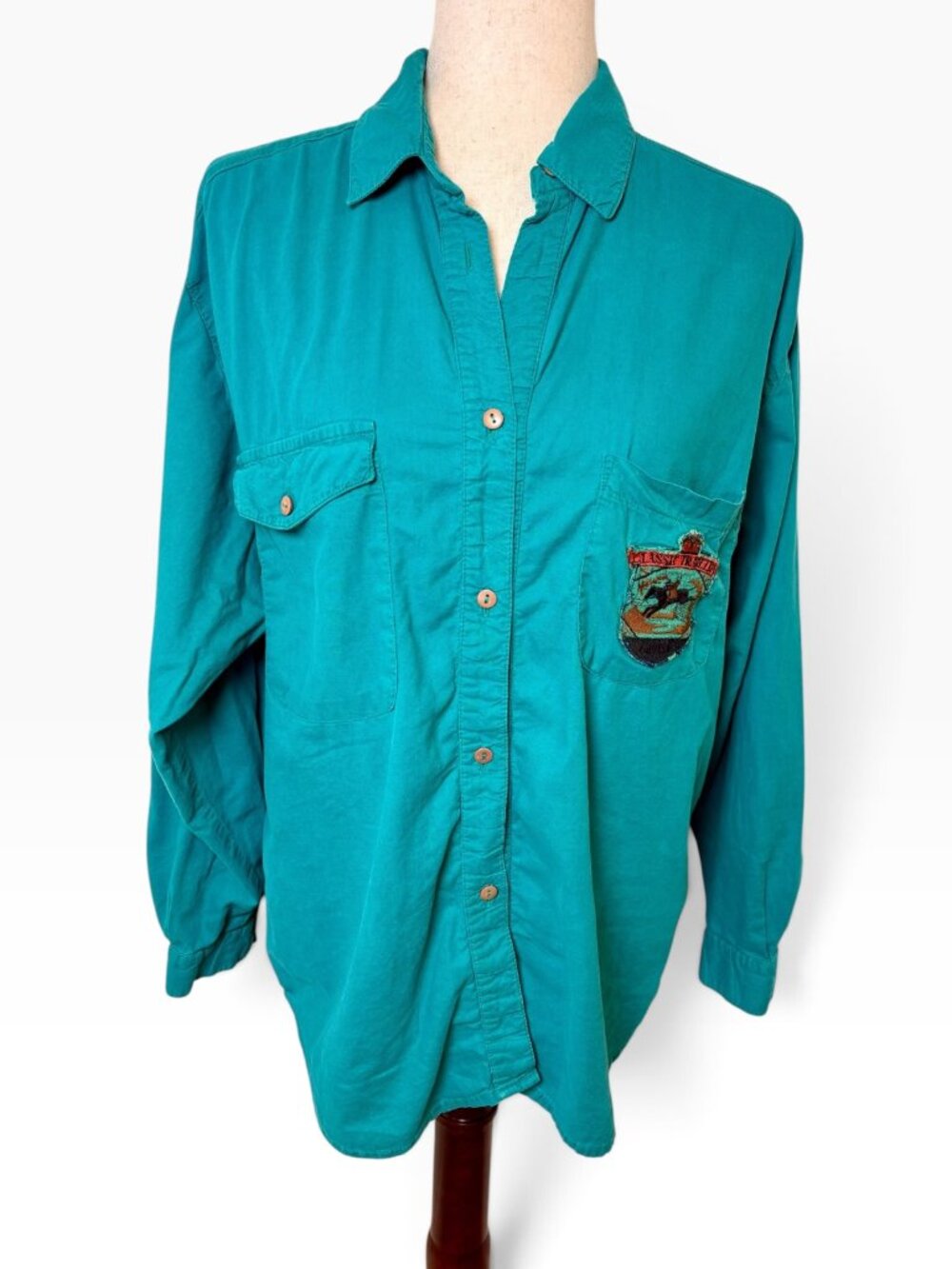 Vintage KIZ Teal Green Equestrian Crest Cotton Button Down Shirt Size 8